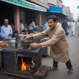 A traditional Pakistani tea seller ('chai wala'), comfortably dressed in local attire, busy preparing chai over a coal stove on a bustling street of Pakistan.