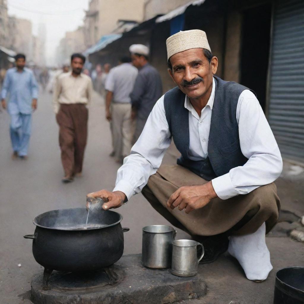 A traditional Pakistani tea seller ('chai wala'), comfortably dressed in local attire, busy preparing chai over a coal stove on a bustling street of Pakistan.