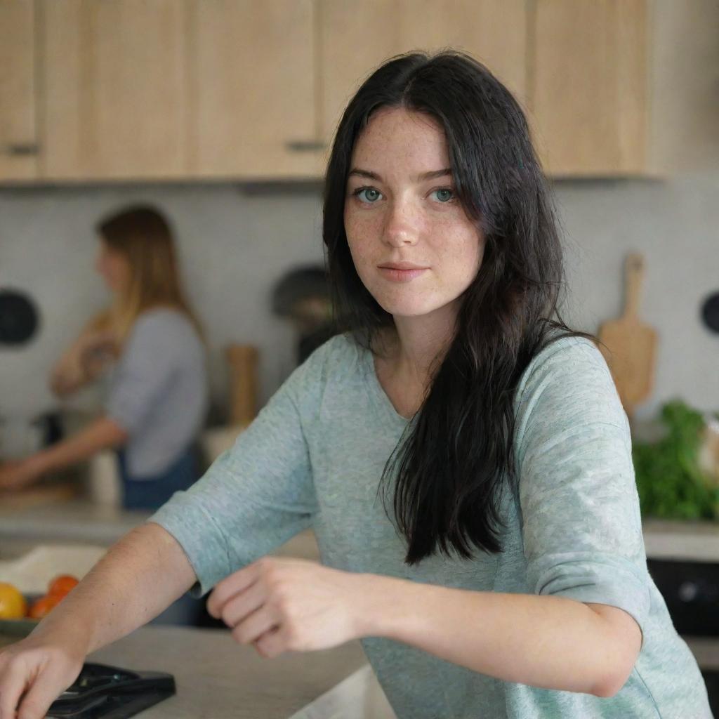 Capture a raw-style 4K HD, medium-distance, full-body photo of a 23-year-old female with green eyes, freckles, long black hair. Wearing casual clothes, she's talking with a friend while cooking at home with friends.