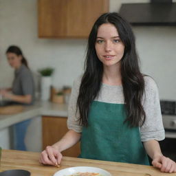 Capture a raw-style 4K HD, medium-distance, full-body photo of a 23-year-old female with green eyes, freckles, long black hair. Wearing casual clothes, she's talking with a friend while cooking at home with friends.