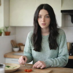 Capture a raw-style 4K HD, medium-distance, full-body photo of a 23-year-old female with green eyes, freckles, long black hair. Wearing casual clothes, she's talking with a friend while cooking at home with friends.