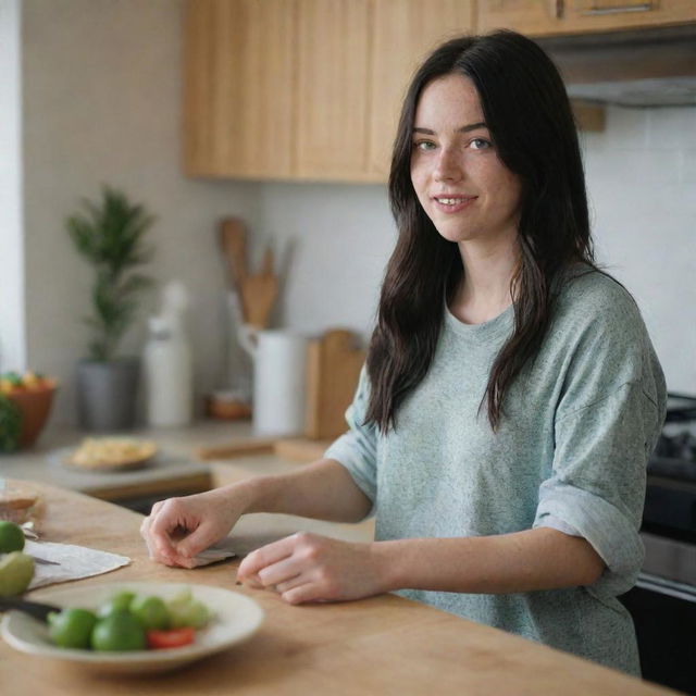 Capture a raw-style 4K HD, medium-distance, full-body photo of a 23-year-old female with green eyes, freckles, and long black hair. Dressed in casual clothes, she's talking with a friend while cooking at home with friends.