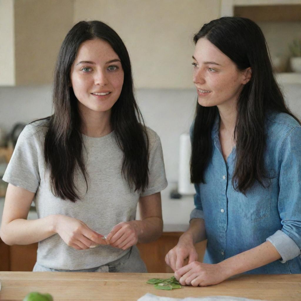 Capture a raw-style 4K HD, medium-distance, full-body photo of a 23-year-old female with green eyes, freckles, and long black hair. Dressed in casual clothes, she's talking with a friend while cooking at home with friends.