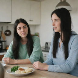 Capture a raw-style 4K HD, medium-distance, full-body photo of a 23-year-old female with green eyes, freckles, and long black hair. Dressed in casual clothes, she's talking with a friend while cooking at home with friends.