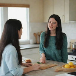 Capture a raw-style 4K HD, medium-distance, full-body photo of a 23-year-old female with green eyes, freckles, and long black hair. Dressed in casual clothes, she's talking with a friend while cooking at home with friends.