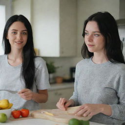 Capture a raw-style 4K HD, medium-distance, full-body photo of a 23-year-old female with green eyes, freckles, and long black hair. Dressed in casual clothes, she's talking with a friend while cooking at home with friends.