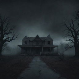 A YouTube channel banner for a scary story channel, filled with moody, dark colors, eerie landscapes, haunted houses, and ghostly figures subtly blended into the background.