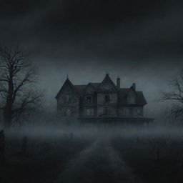 A YouTube channel banner for a scary story channel, filled with moody, dark colors, eerie landscapes, haunted houses, and ghostly figures subtly blended into the background.