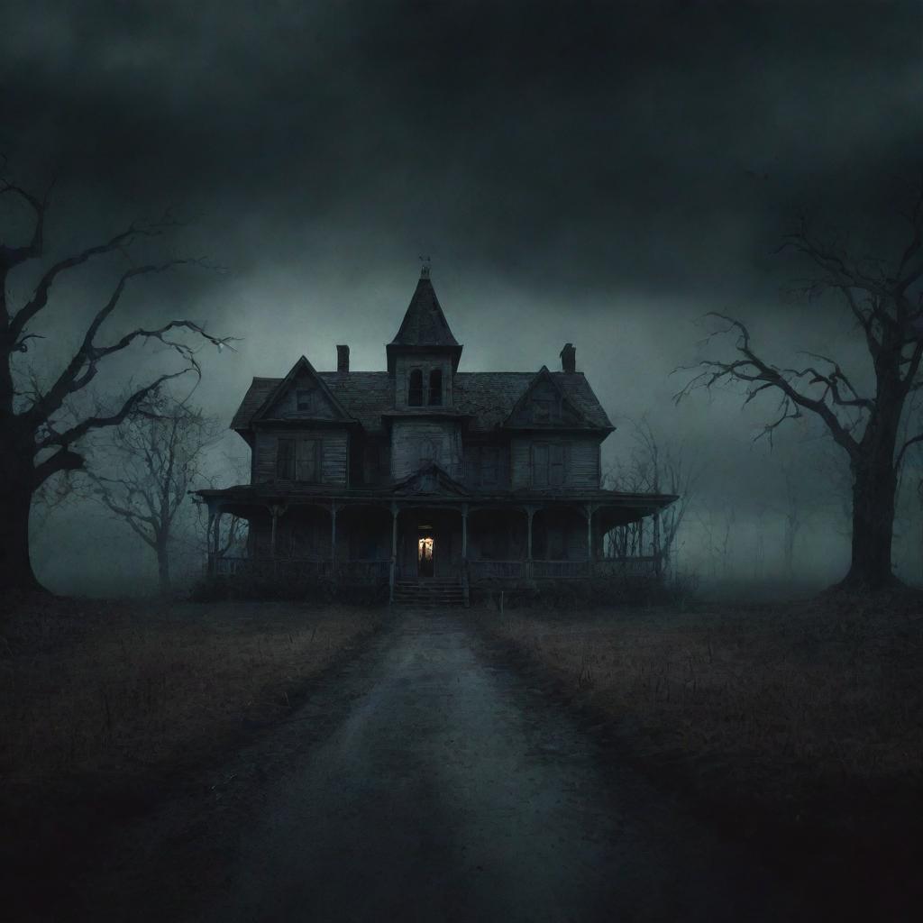 A YouTube channel banner for a scary story channel, filled with moody, dark colors, eerie landscapes, haunted houses, and ghostly figures subtly blended into the background.