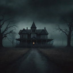 A YouTube channel banner for a scary story channel, filled with moody, dark colors, eerie landscapes, haunted houses, and ghostly figures subtly blended into the background.