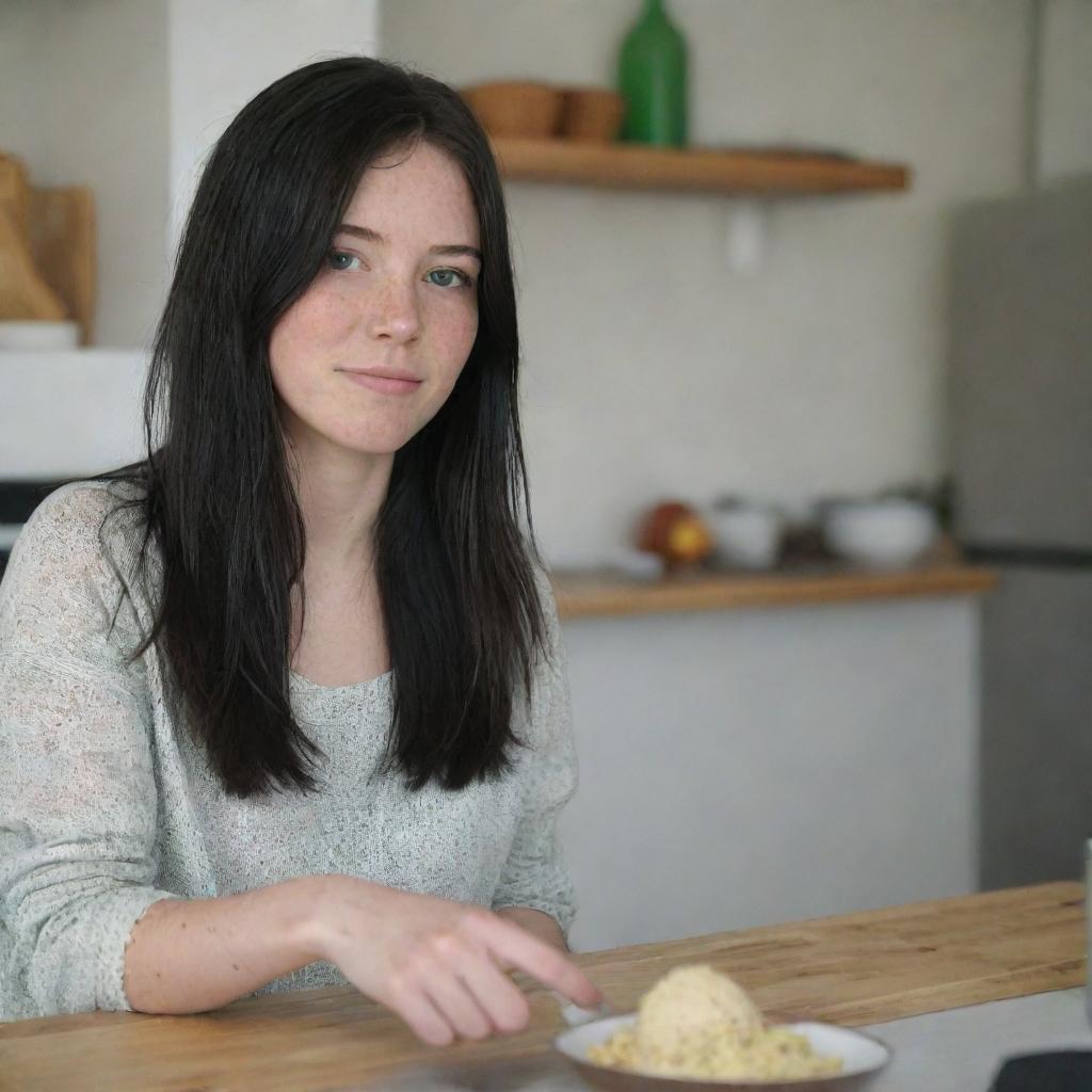 Capture a raw-style 4K HD, medium-distance, full-body photo of a 23-year-old female with green eyes, freckles, and long black hair. She's dressed in casual clothes, chatting with a friend while cooking at home with friends.