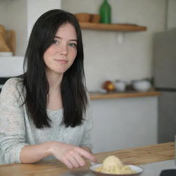 Capture a raw-style 4K HD, medium-distance, full-body photo of a 23-year-old female with green eyes, freckles, and long black hair. She's dressed in casual clothes, chatting with a friend while cooking at home with friends.