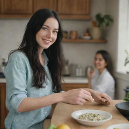 Capture a raw-style 4K HD, medium-distance, full-body photo of a 23-year-old female with green eyes, freckles, and long black hair. She's dressed in casual clothes, chatting with a friend while cooking at home with friends.