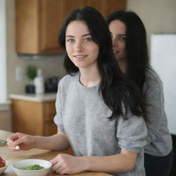 Capture a raw-style 4K HD, medium-distance, full-body photo of a 23-year-old female with green eyes, freckles, and long black hair. She's dressed in casual clothes, chatting with a friend while cooking at home with friends.