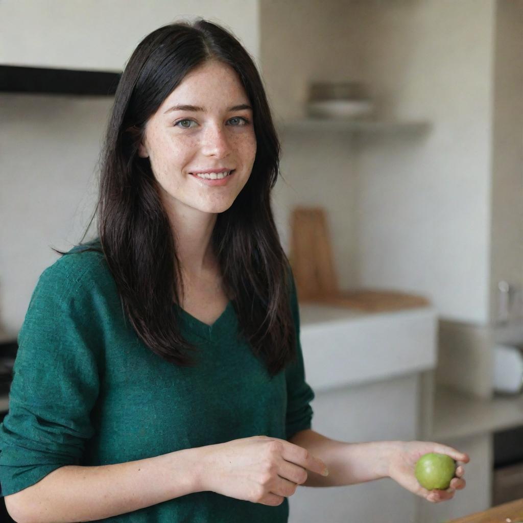 Capture a raw-style 4K HD, medium-distance, full-body photo of a 23-year-old female with green eyes, freckles, and long black hair. She's dressed in casual clothes, chatting with a friend while cooking at home with friends.