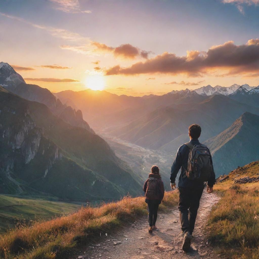 A traveler midway through a breathtaking journey, with scenic mountains in the backdrop, under a beautiful sunset sky.