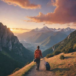 A traveler midway through a breathtaking journey, with scenic mountains in the backdrop, under a beautiful sunset sky.