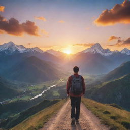 A traveler midway through a breathtaking journey, with scenic mountains in the backdrop, under a beautiful sunset sky.