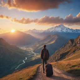 A traveler midway through a breathtaking journey, with scenic mountains in the backdrop, under a beautiful sunset sky.