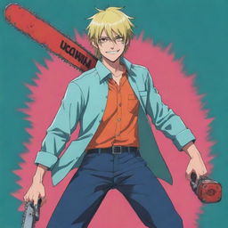 Create a 2D cartoonish art of the character Denji from Chainsaw Man, in his Chainsaw Form. Capture his unique characteristics and outfit in a playful, exaggerated style unique to cartoons.