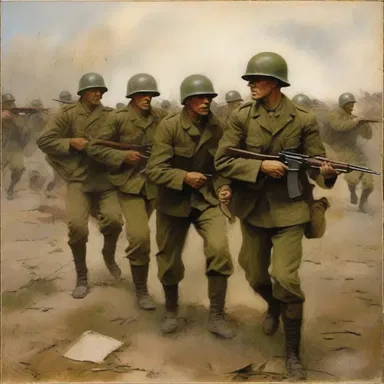 The artist used various shades of olive drab to depict the soldiers in the war painting.