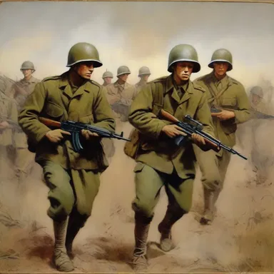 The artist used various shades of olive drab to depict the soldiers in the war painting.