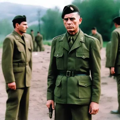 In the horror movie, the main character wore an olive drab military uniform which added to the suspenseful atmosphere.