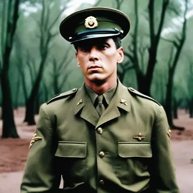 In the horror movie, the main character wore an olive drab military uniform which added to the suspenseful atmosphere.