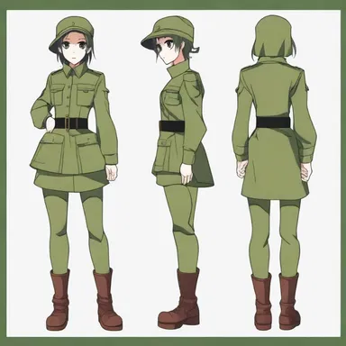 The anime character's costume was designed with olive drab fabric to give them a military-inspired look.