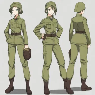 The anime character's costume was designed with olive drab fabric to give them a military-inspired look.