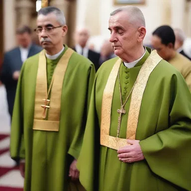 The priest wore an olive drab robe during the religious ceremony.