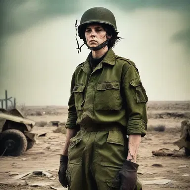 The protagonist wore a torn olive drab army uniform in the post-apocalyptic novel.
