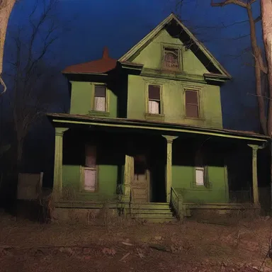 The haunted house was painted in a dark and eerie shade of olive drab, adding to the creepy atmosphere.