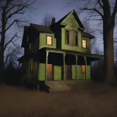 The haunted house was painted in a dark and eerie shade of olive drab, adding to the creepy atmosphere.