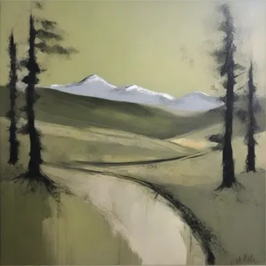 The artist used different shades of olive drab to create a unique and textured landscape painting.