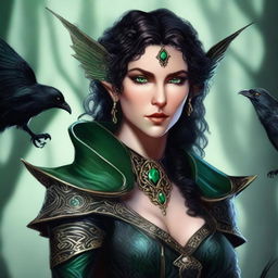 A high-quality digital art image of a high-elf female warlock, with striking green eyes and black, curly hair