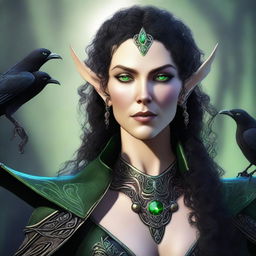 A high-quality digital art image of a high-elf female warlock, with striking green eyes and black, curly hair