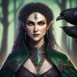 A high-quality digital art image of a high-elf female warlock, with striking green eyes and black, curly hair