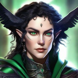 A high-quality digital art image of a high-elf female warlock, with striking green eyes and black, curly hair