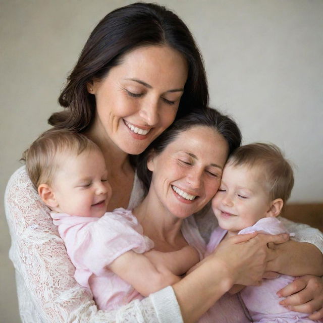 A warm and tender image of a mother lovingly holding her children in her lap, their faces filled with joy and contentment.