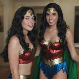 Capture a raw-style 4K HD, medium-distance, full-body photo of a 23-year-old female with green eyes, freckles, and long black hair, talking with a friend and dressed in a Wonder Woman costume for a Halloween party.