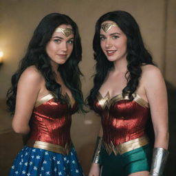 Capture a raw-style 4K HD, medium-distance, full-body photo of a 23-year-old female with green eyes, freckles, and long black hair, talking with a friend and dressed in a Wonder Woman costume for a Halloween party.