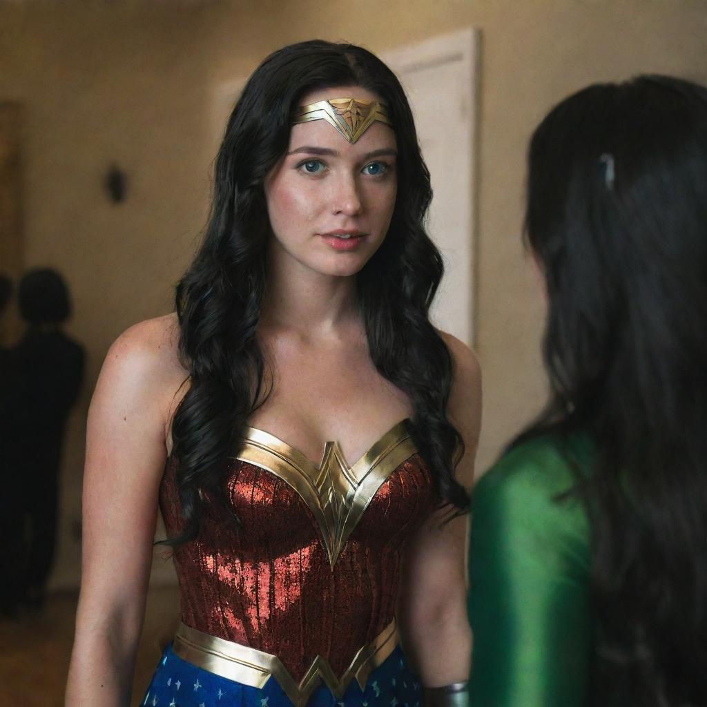 Capture a raw-style 4K HD, medium-distance, full-body photo of a 23-year-old female with green eyes, freckles, and long black hair, talking with a friend and dressed in a Wonder Woman costume for a Halloween party.