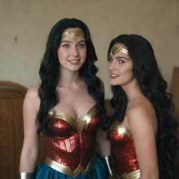 Capture a raw-style 4K HD, medium-distance, full-body photo of a 23-year-old female with green eyes, freckles, and long black hair, talking with a friend and dressed in a Wonder Woman costume for a Halloween party.