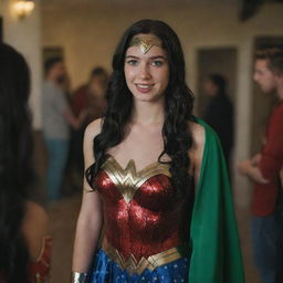 Capture a raw-style 4K HD, medium-distance, full-body photo of a 23-year-old female with green eyes, freckles, and long black hair. Wearing a Wonder Woman costume, she's talking with some friends at a Halloween party.