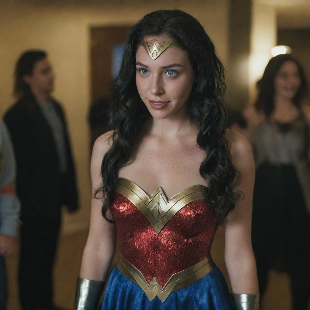 Capture a raw-style 4K HD, medium-distance, full-body photo of a 23-year-old female with green eyes, freckles, and long black hair. Wearing a Wonder Woman costume, she's talking with some friends at a Halloween party.