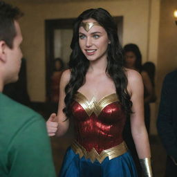 Capture a raw-style 4K HD, medium-distance, full-body photo of a 23-year-old female with green eyes, freckles, and long black hair. Wearing a Wonder Woman costume, she's talking with some friends at a Halloween party.