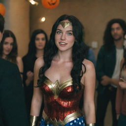 Capture a raw-style 4K HD, medium-distance, full-body photo of a 23-year-old female with green eyes, freckles, and long black hair. Wearing a Wonder Woman costume, she's talking with some friends at a Halloween party.