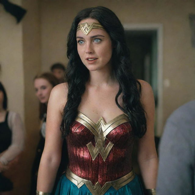 Capture a raw-style 4K HD, medium-distance, full-body photo of a 23-year-old female with green eyes, freckles, and long black hair. Wearing a Wonder Woman costume, she's talking with some friends at a Halloween party.