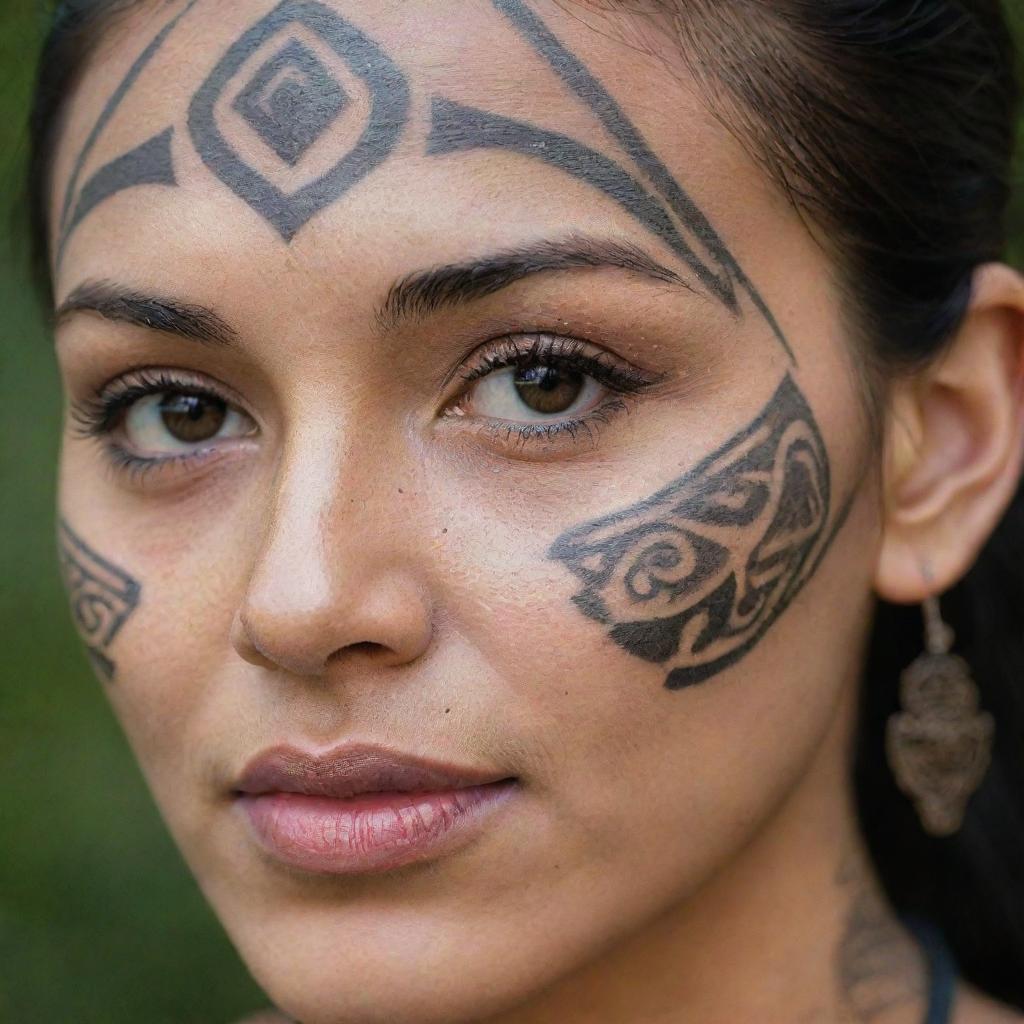 A close-up image of a woman's face with a detailed and intricate tribal tattoo.